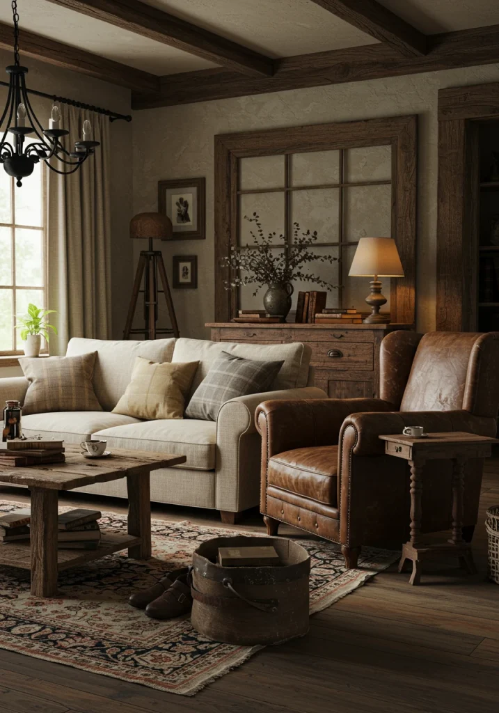 A cottage living room with a curated mix of mismatched modern and vintage furniture.