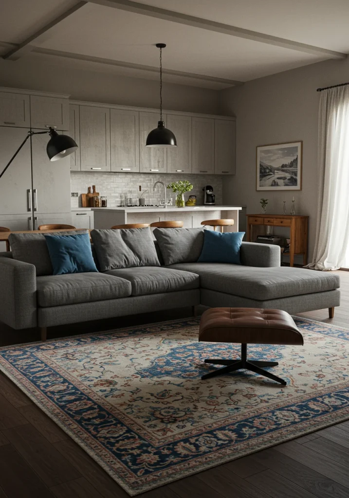A large, patterned area rug used to define and anchor the living room zone in an open-plan kitchen combo.
