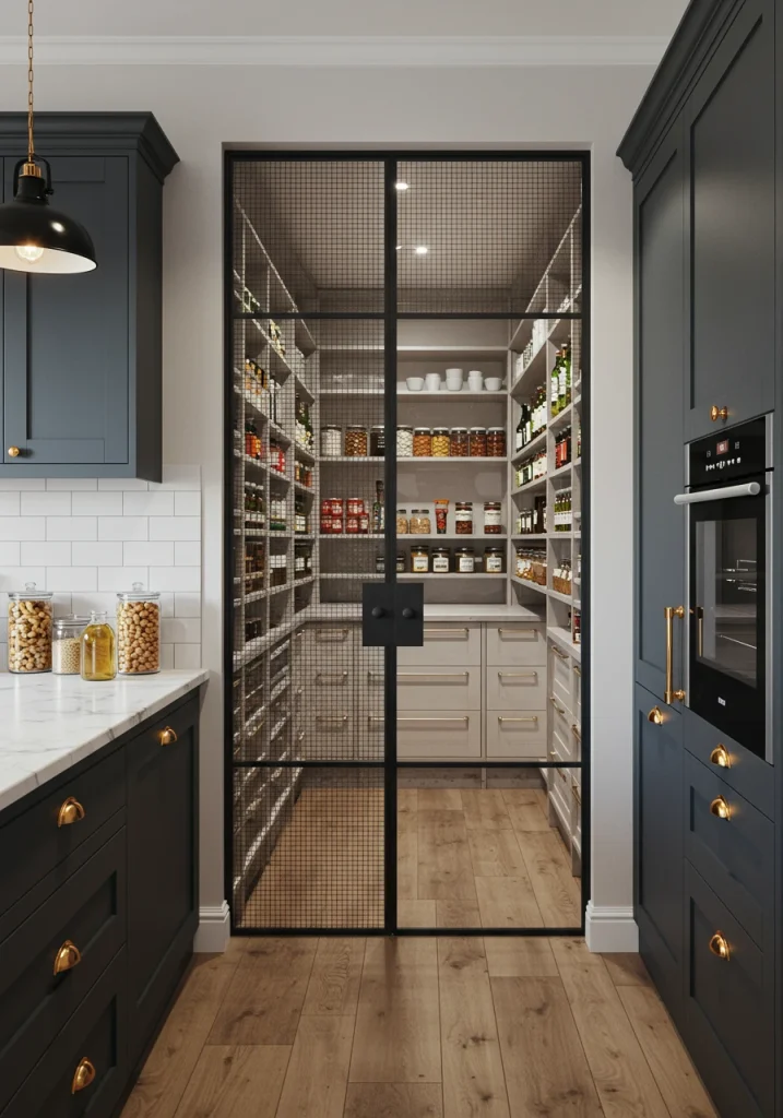 An innovative pantry with a modern, black-framed glass door that puts the organization on display.