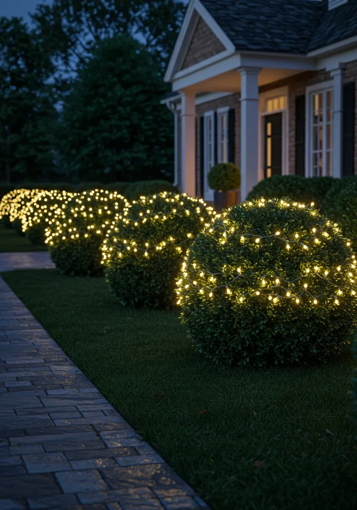 An easy outdoor Christmas lights idea using net lights to perfectly cover shrubs and hedges.