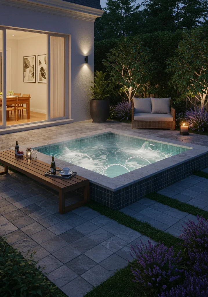 A small backyard "spool" or cocktail pool with spa jets, designed for year-round enjoyment.