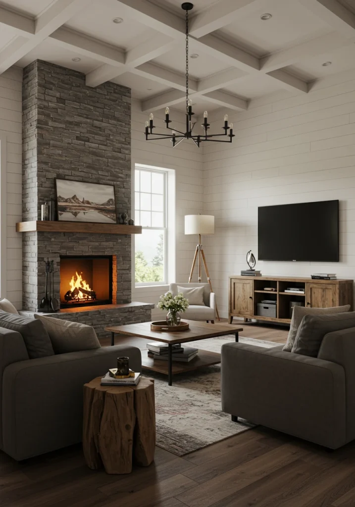 A modern farmhouse living room with an L-shaped furniture layout oriented towards a fireplace and a TV on adjacent walls.