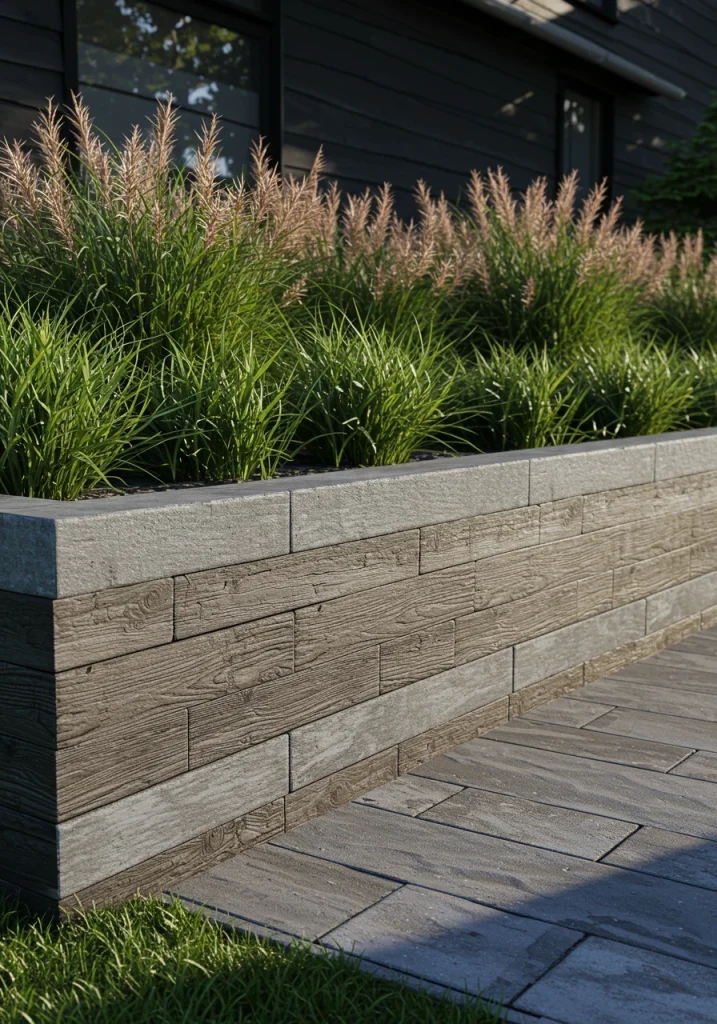 A modern landscape featuring a beautifully textured, board-formed concrete retaining wall.