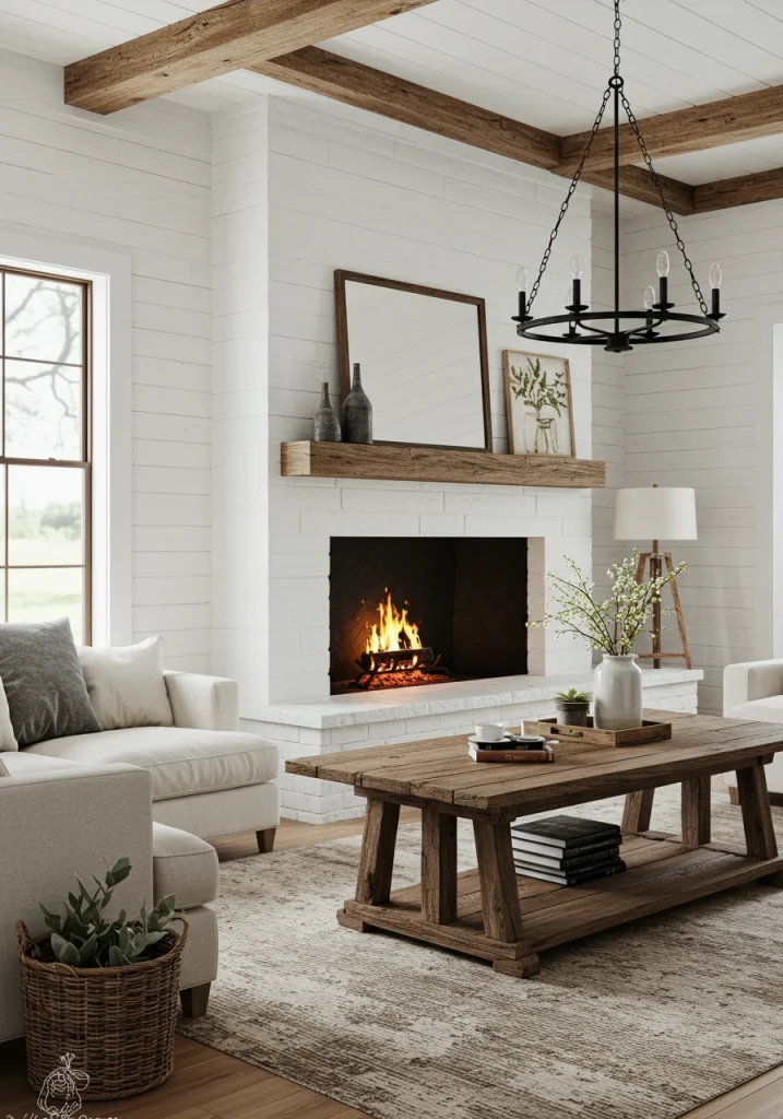 A white farmhouse living room warmed up with the addition of a reclaimed wood fireplace mantel and a rustic coffee table.