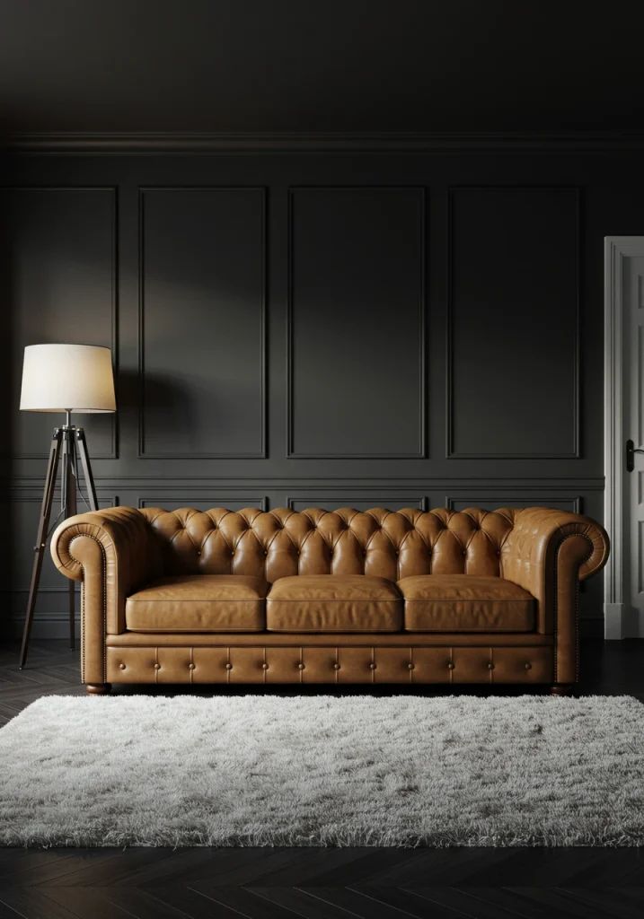 A moody living room with a color combination of charcoal gray walls and a cognac leather sofa.