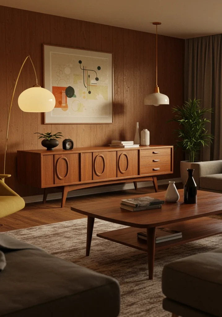mid-century modern living room featuring the characteristic warm wood tones of teak and walnut in the furniture.