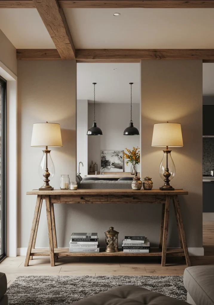 A smart layout using a console table behind the sofa to create a clear divider in a living room kitchen combo.