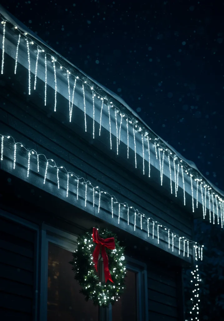 A classic outdoor Christmas lighting idea featuring dripping, white icicle lights on a roofline.