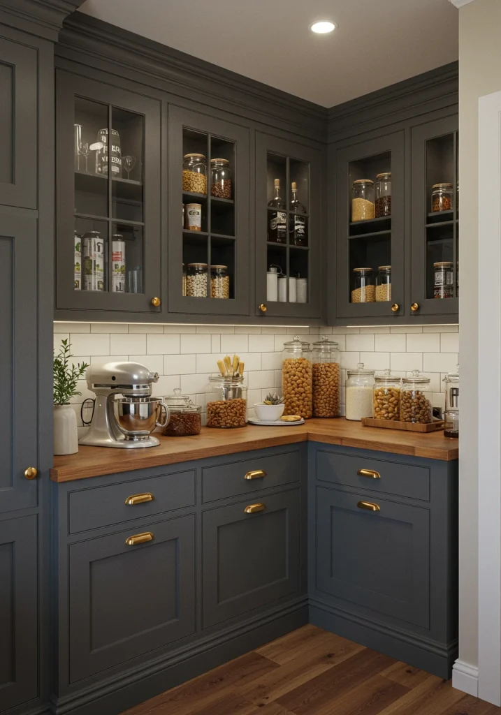 An innovative feature for a walk-in pantry: adding a countertop to create a functional workspace.