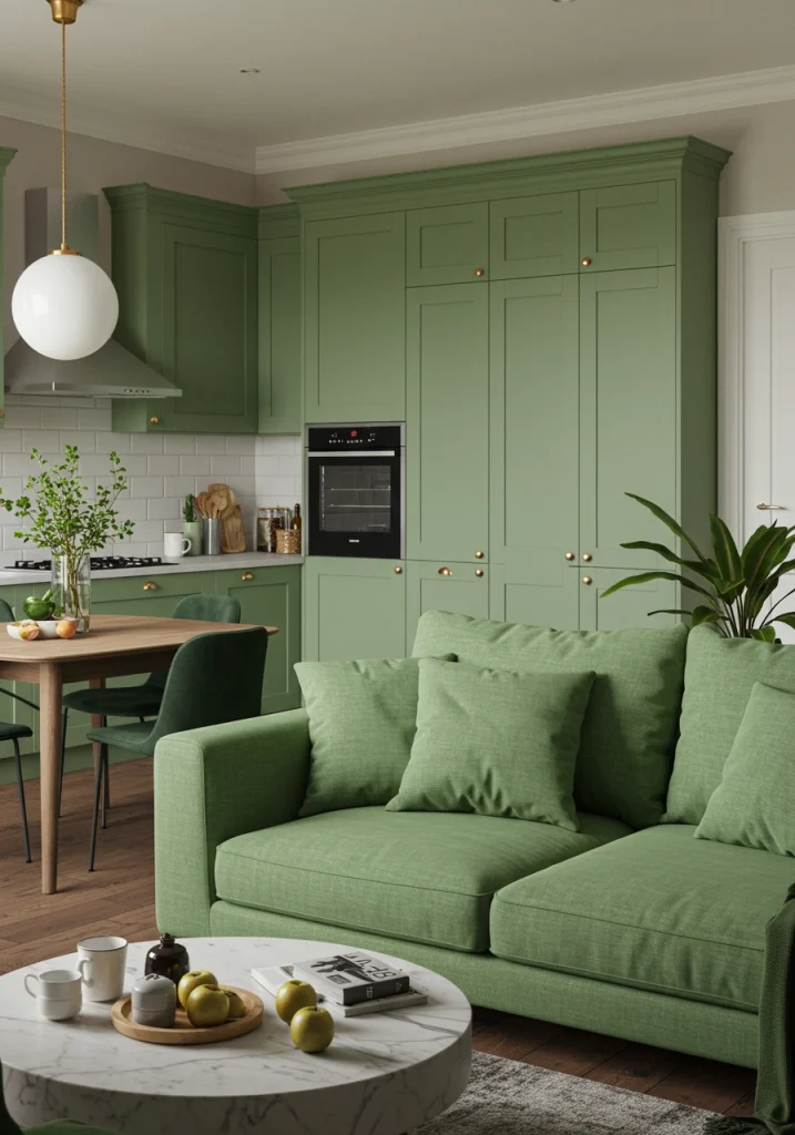 A cohesive living room kitchen combo tied together with a consistent color palette of sage green.