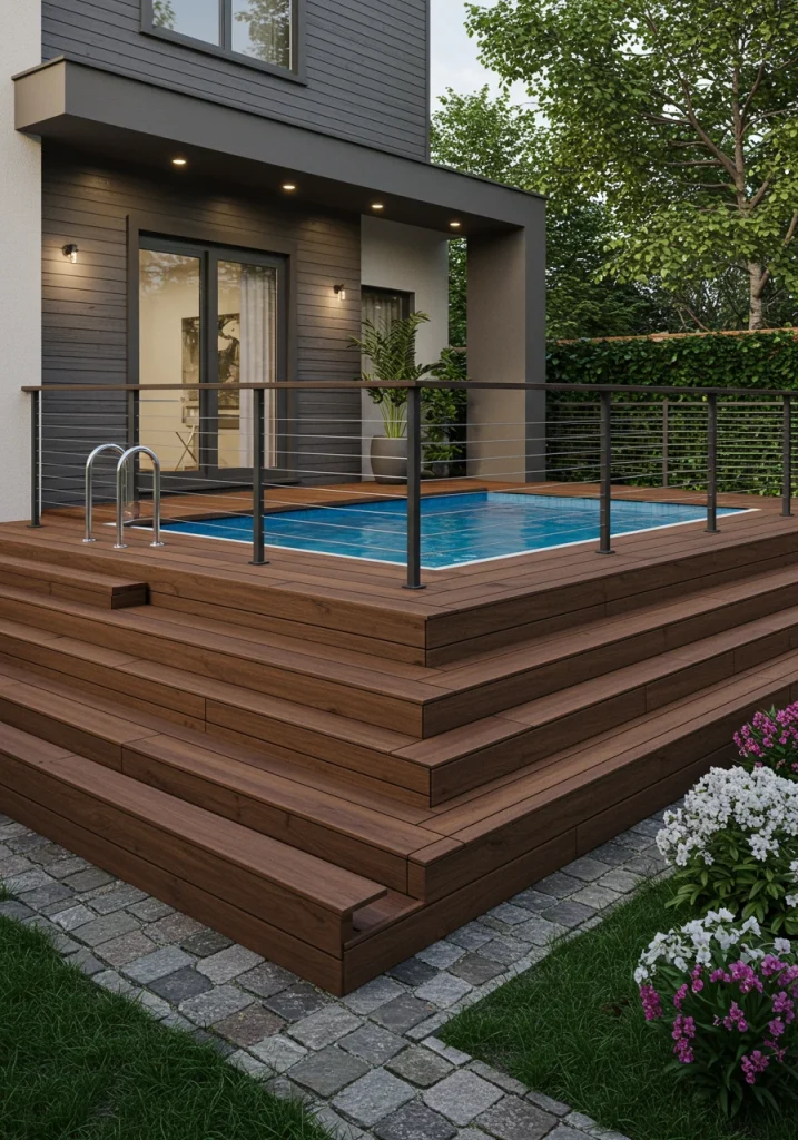 A stylish above-ground pool integrated into a small backyard with a custom multi-level deck.