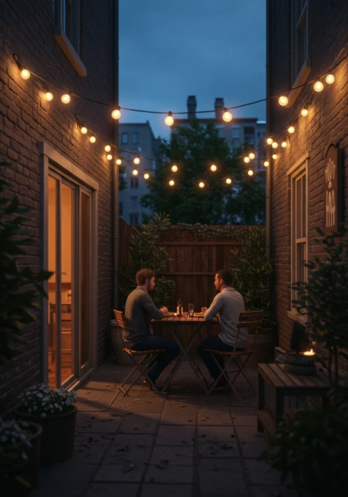 Magical globe string lights creating a cozy canopy over a small backyard patio at night.