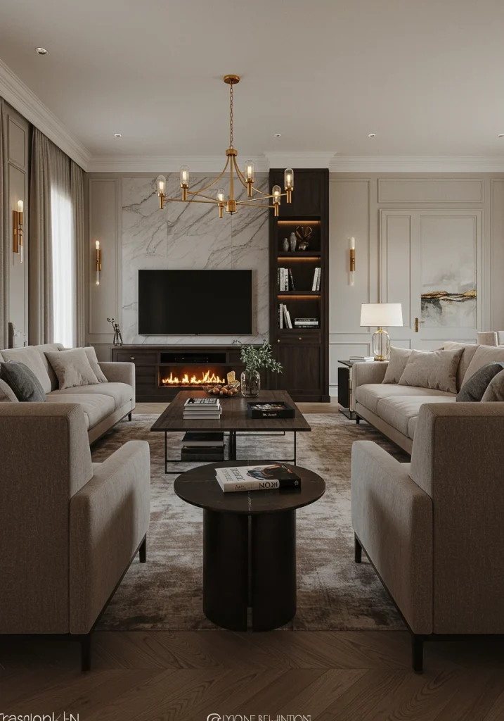 A balanced living room layout with a sofa facing the TV and two armchairs facing the fireplace on an adjacent wall.