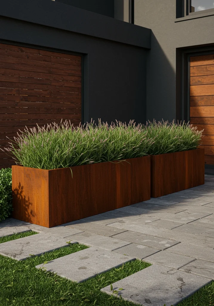 A modern front yard with large, Corten steel planter boxes with a rust patina, filled with ornamental grasses.