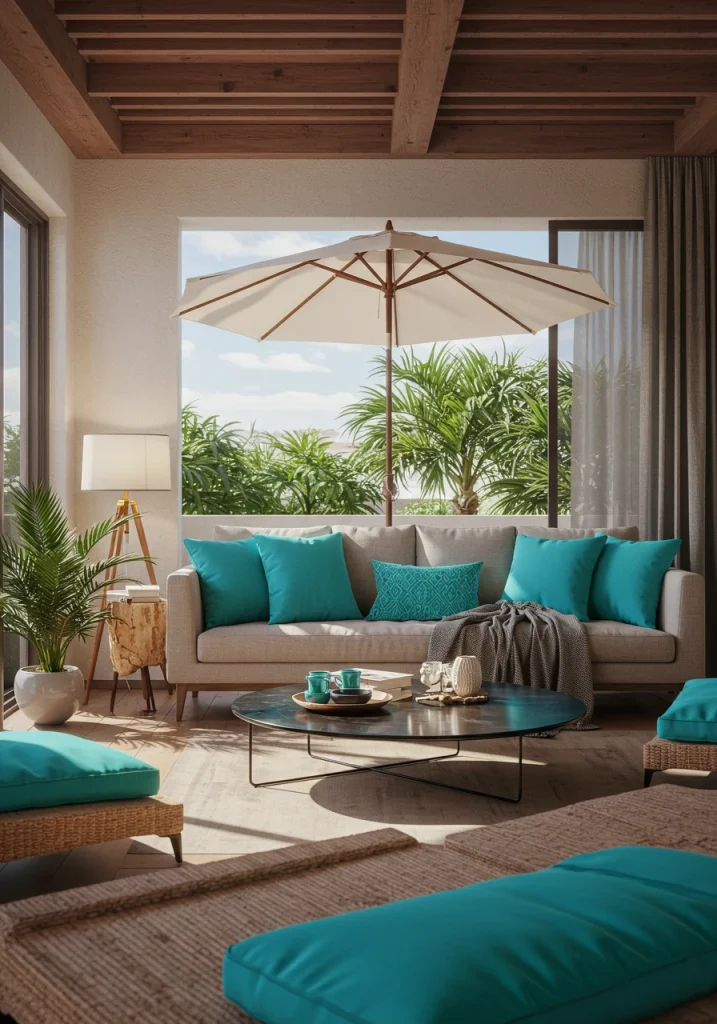 A cohesive indoor-outdoor living space tied together with a consistent color palette and teal accents.