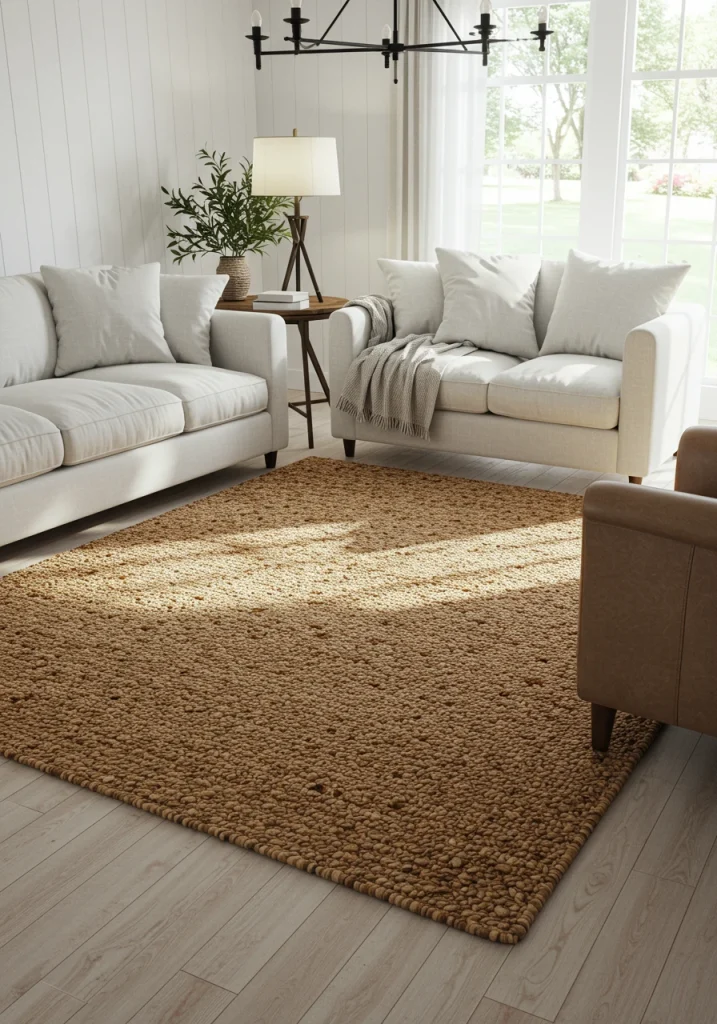 A large, natural fiber jute rug used to add warmth and texture to a white farmhouse living room.