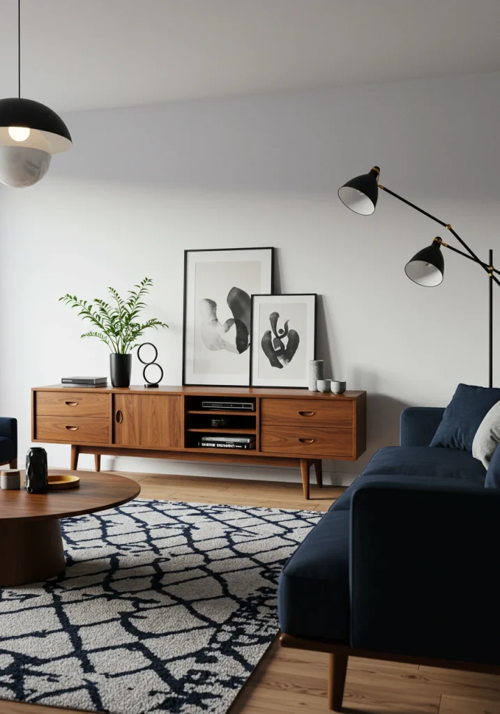 A mid-century modern living room with a classic color combination of navy blue, white, and walnut wood.