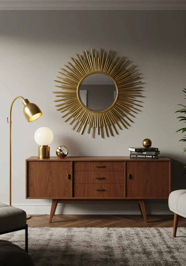 A classic, gold-toned, mid-century modern sunburst mirror hanging above a credenza.