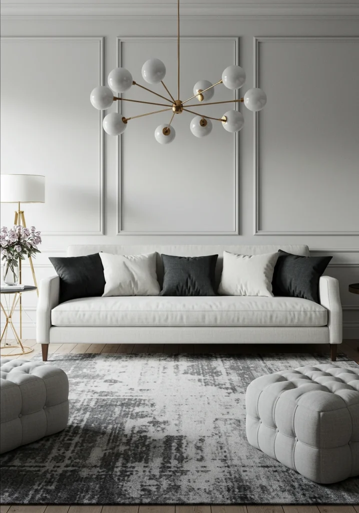 A classic and sophisticated gray and white living room with a geometric rug.