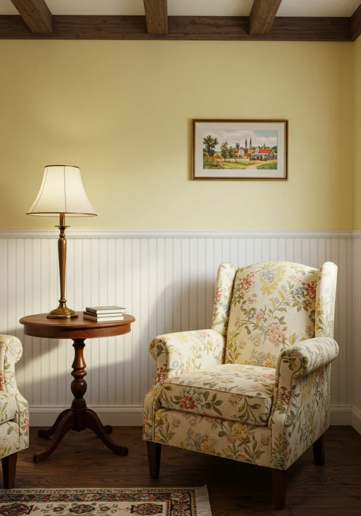A charming cottage living room with classic white beadboard wainscoting on the lower walls.