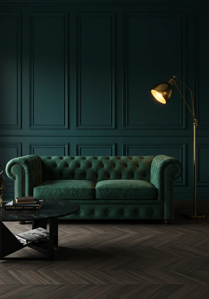 A statement emerald green velvet sofa in a luxurious, moody living room with dark teal walls.