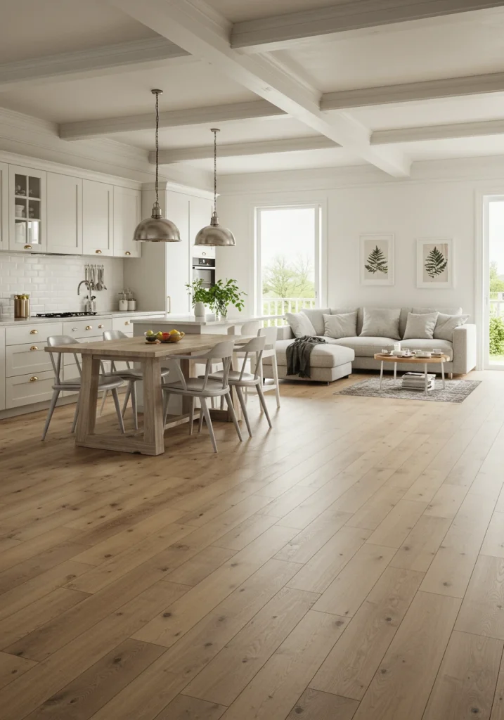 An open-plan space with continuous hardwood flooring used in both the kitchen and living room for a cohesive look.