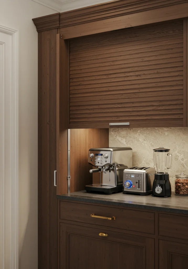 An innovative pantry design: a hidden appliance garage with a roll-up door to conceal small appliances.