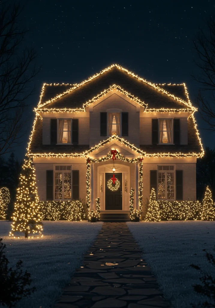 An elegant, outdoor Christmas display featuring a cohesive, monochromatic scheme of all-white lights.