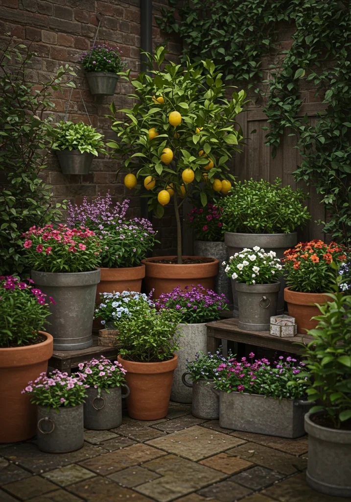 A beautiful and flexible small backyard garden created with a collection of container plants in various pots.
