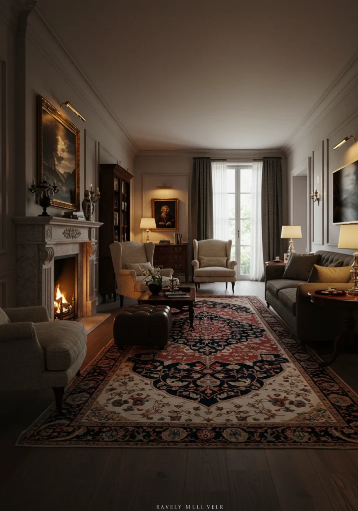 A long living room layout with two distinct zones: a fireplace conversation area and a separate TV viewing area.