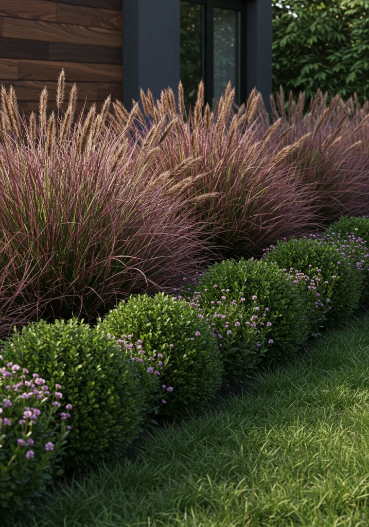 A modern landscape design showcasing a limited plant palette with large, repeated masses of ornamental grass.