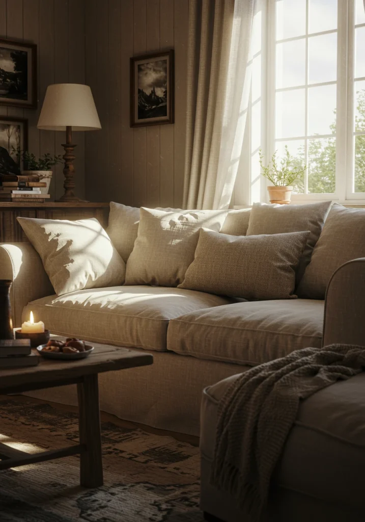 A cozy white farmhouse living room featuring a comfortable, off-white slipcovered sofa.