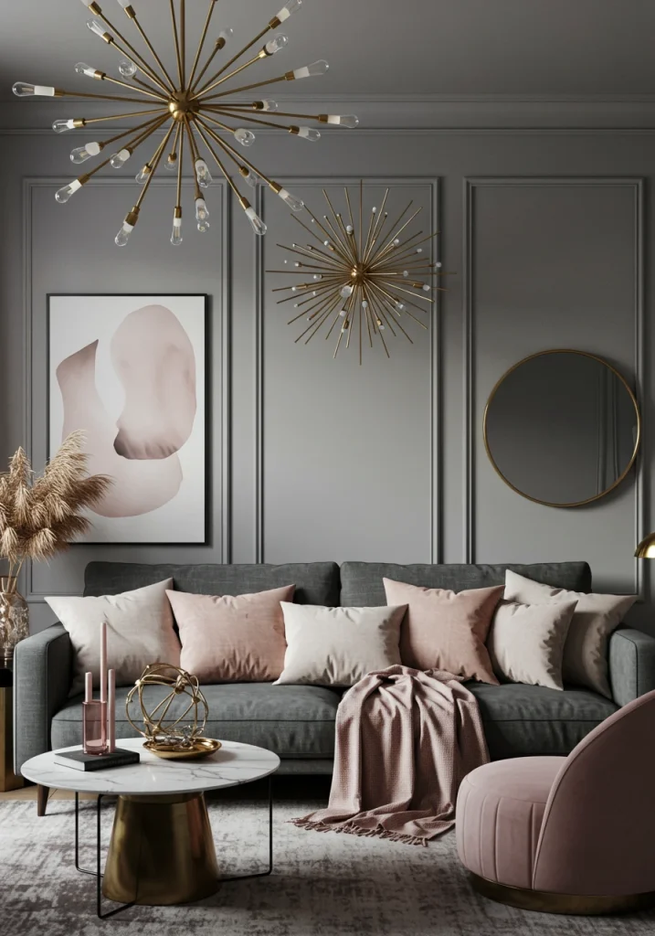 A chic and feminine gray living room featuring a color combination of soft blush pink accents and brass details.