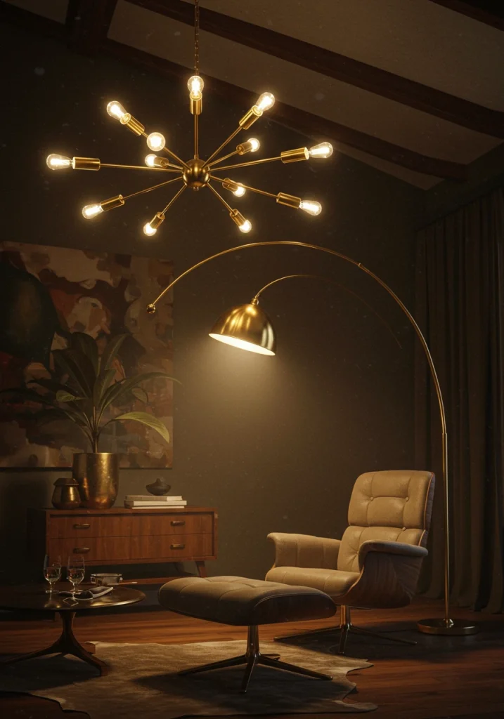 A mid-century modern living room with iconic, sculptural lighting, including a brass Sputnik chandelier and an arc floor lamp.