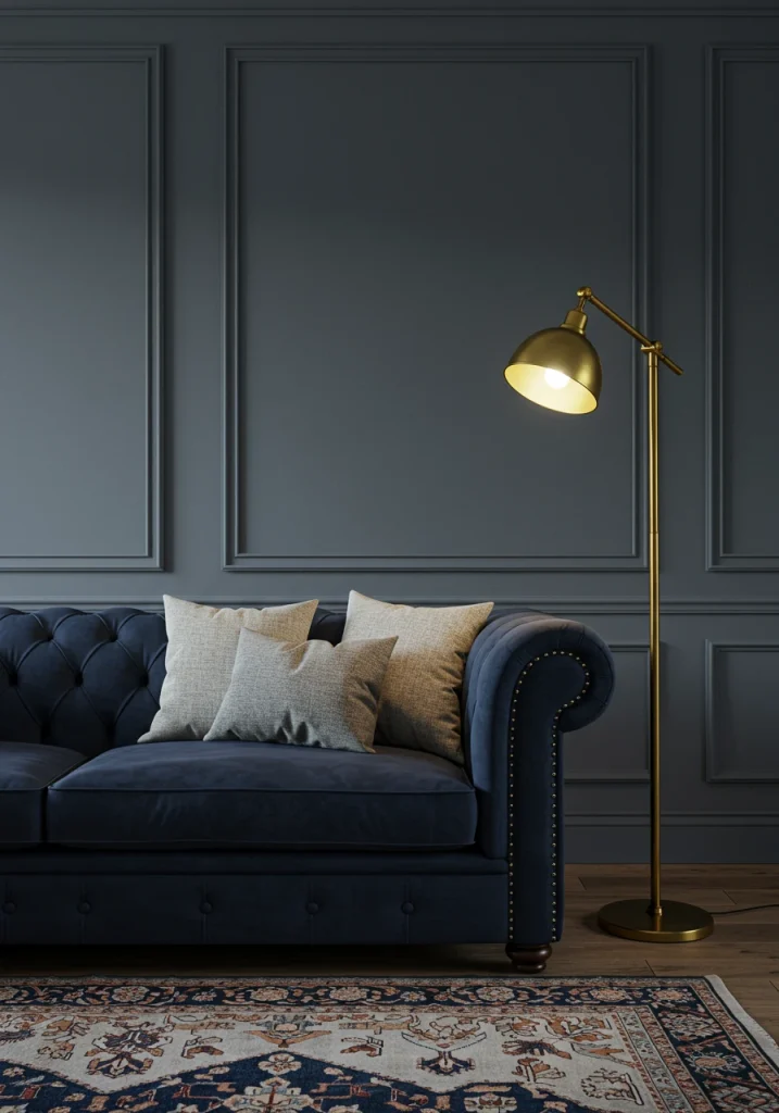 A sophisticated gray living room featuring a statement navy blue velvet sofa.
