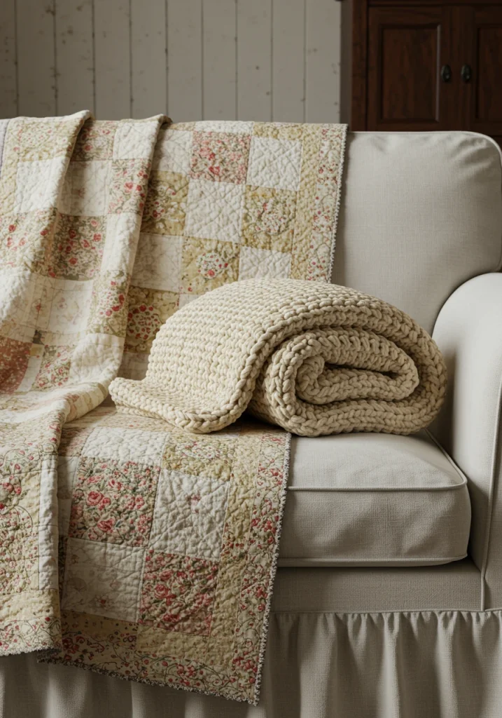 A cozy cottage sofa layered with a beautiful, vintage, handmade patchwork quilt and a chunky knit throw.