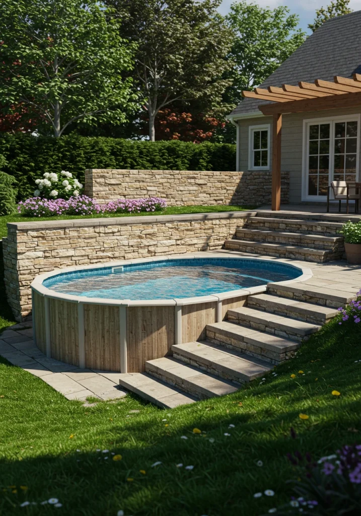 A semi-inground pool on a sloped lot, with the raised wall finished in a stacked stone veneer.