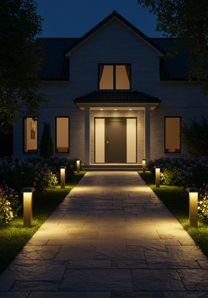A stylish, outdoor Christmas idea: a front walkway illuminated with a series of elegant, warm path lights.