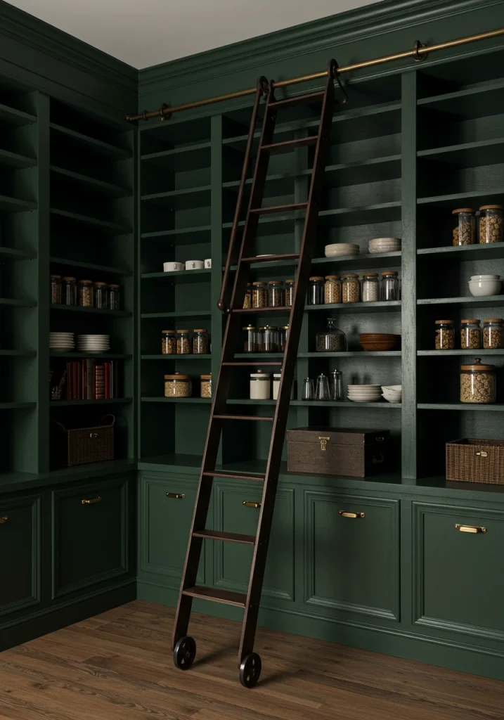 An innovative and luxurious walk-in pantry with a rolling library ladder for accessing high shelves.