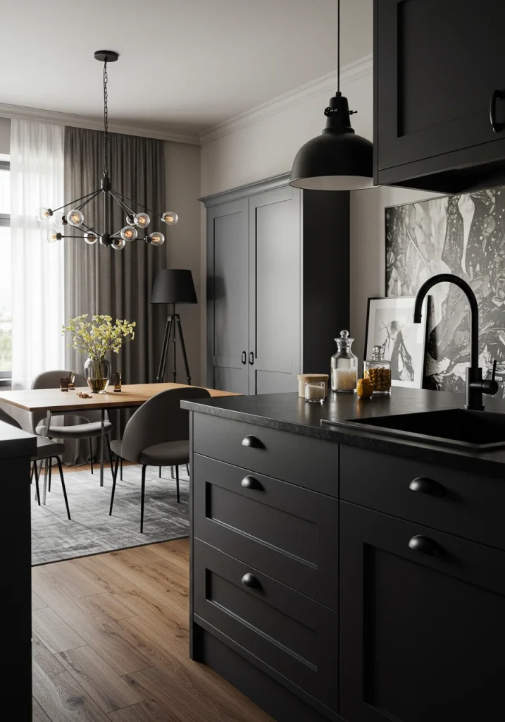 A cohesive living room kitchen combo with repeated matte black metal finishes on hardware and fixtures.