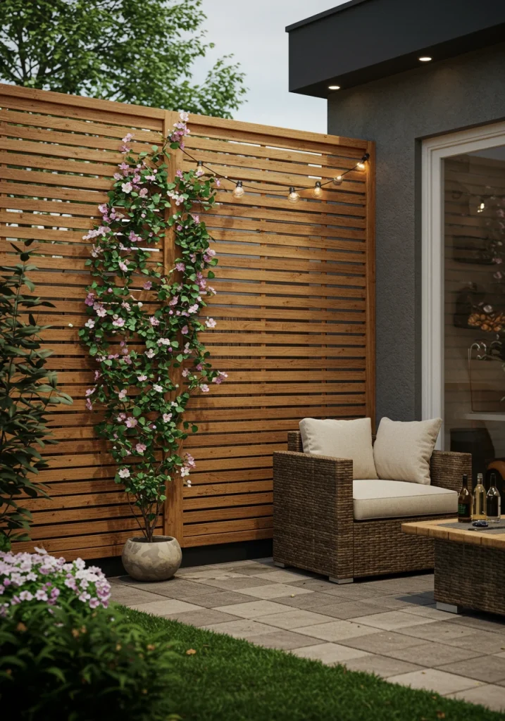 A modern horizontal wood slat privacy screen creating a secluded oasis in a small backyard.