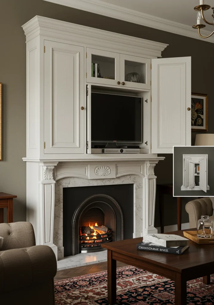 A traditional living room with a TV hidden in custom cabinetry above the fireplace.