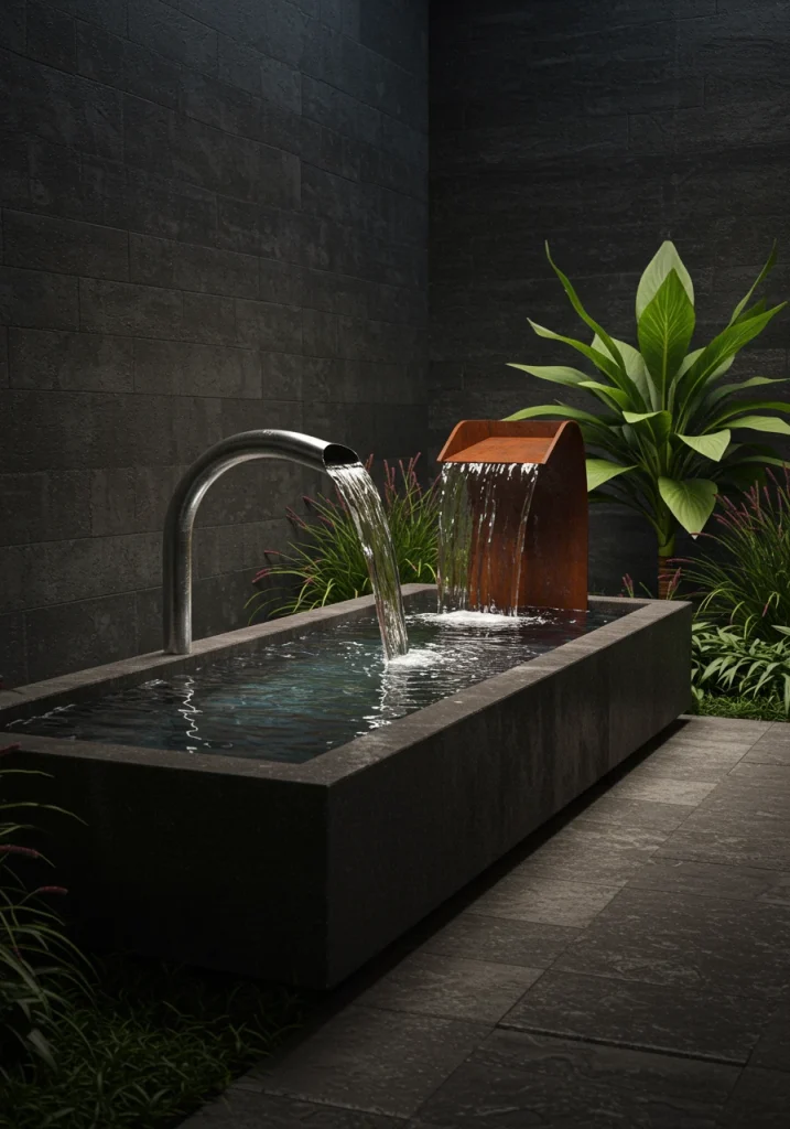 A minimalist modern water feature with a concrete basin and a Corten steel waterfall.