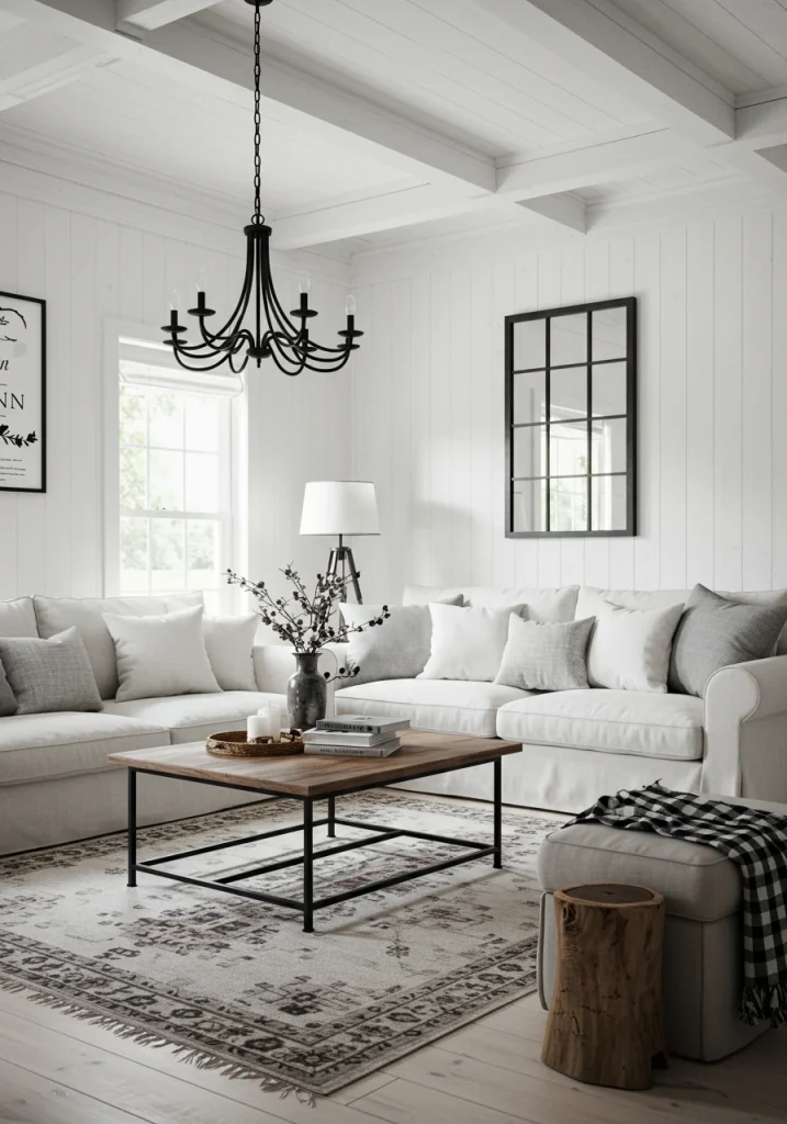 A white farmhouse living room with sharp, black accents in the chandelier and mirror frame for contrast.