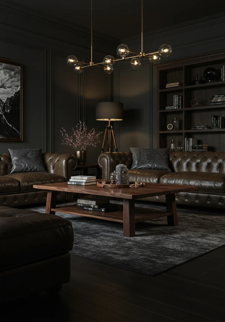 A moody living room with dark walls, featuring rich, dark wood tones in the flooring and a walnut coffee table.