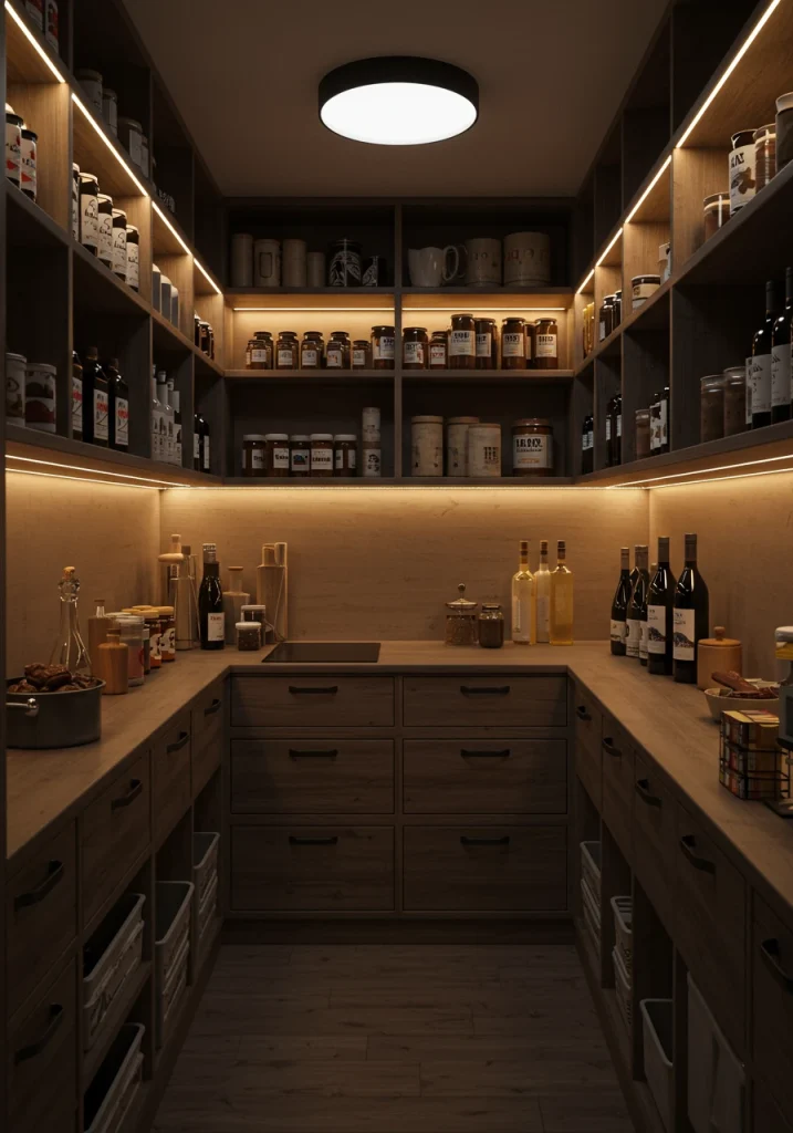 An innovative pantry with a layered lighting scheme, including essential under-shelf LED lighting.