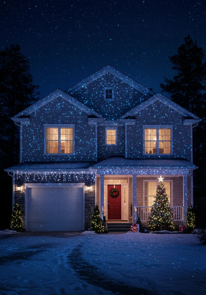 An easy, outdoor Christmas lighting idea using a projector to create a magical, starry night effect on a house.