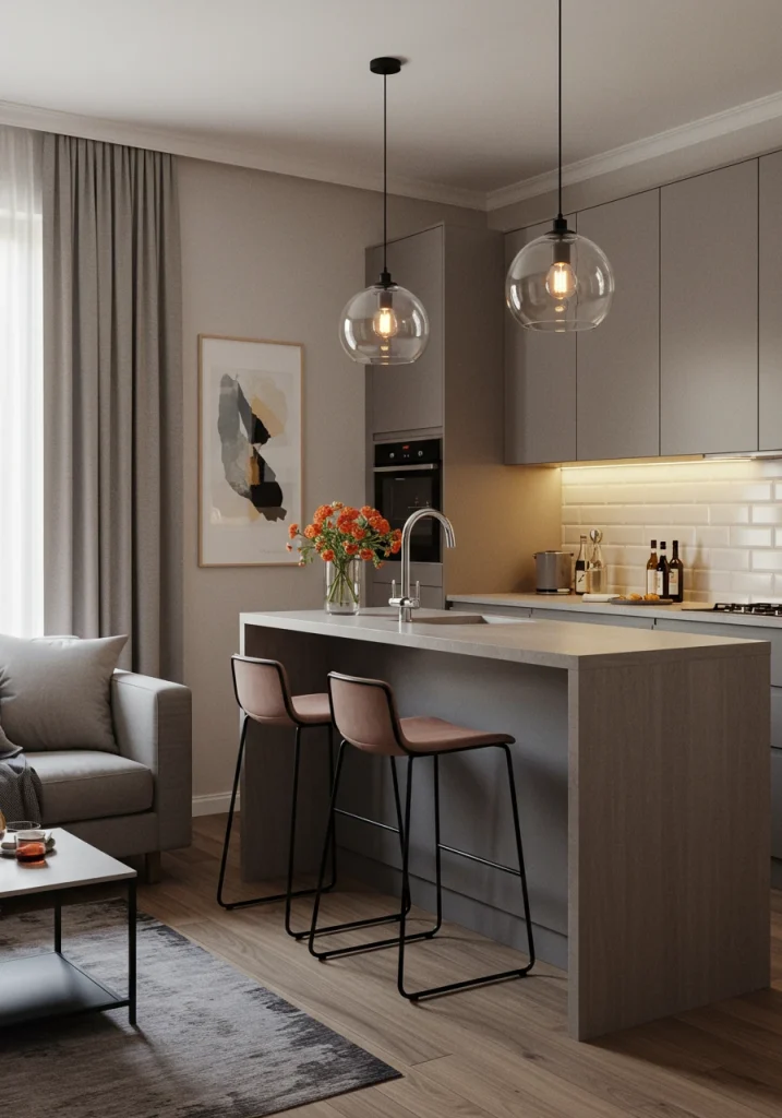 A kitchen peninsula with seating used as a clever divider in a smaller living room kitchen combo.