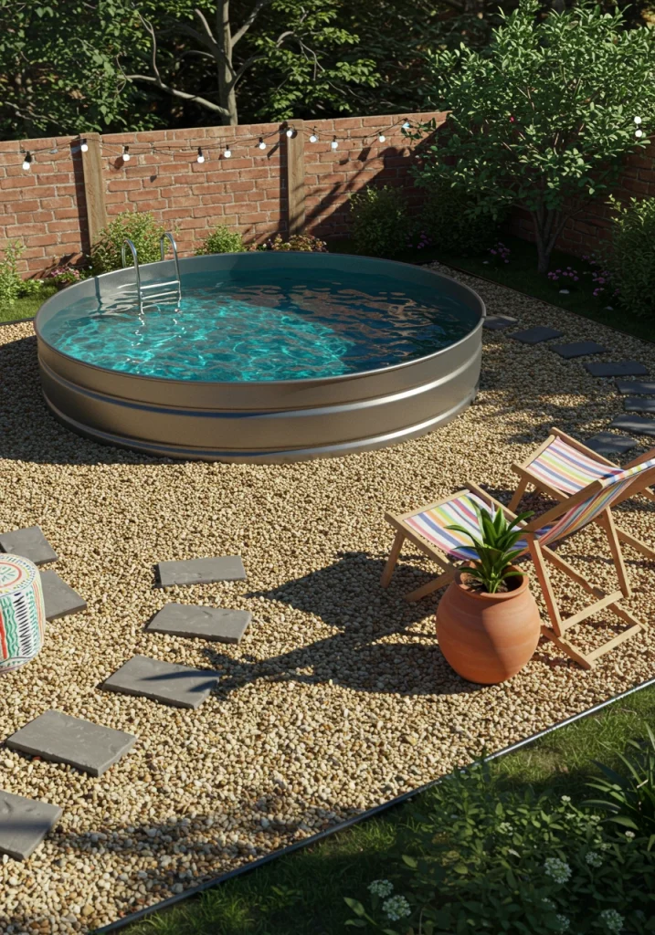 A budget-friendly pea gravel patio surrounding a small stock tank pool in a backyard.