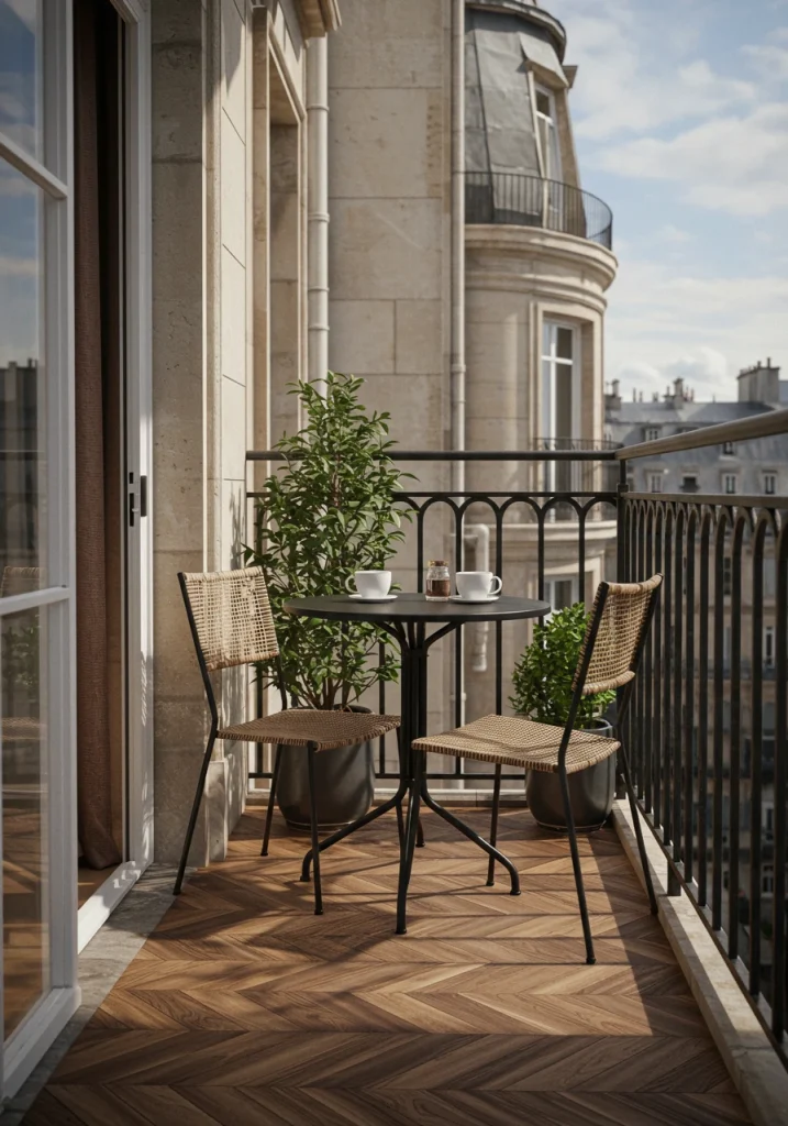 A small backyard with slim, lightweight bistro furniture that is visually light and space-saving.